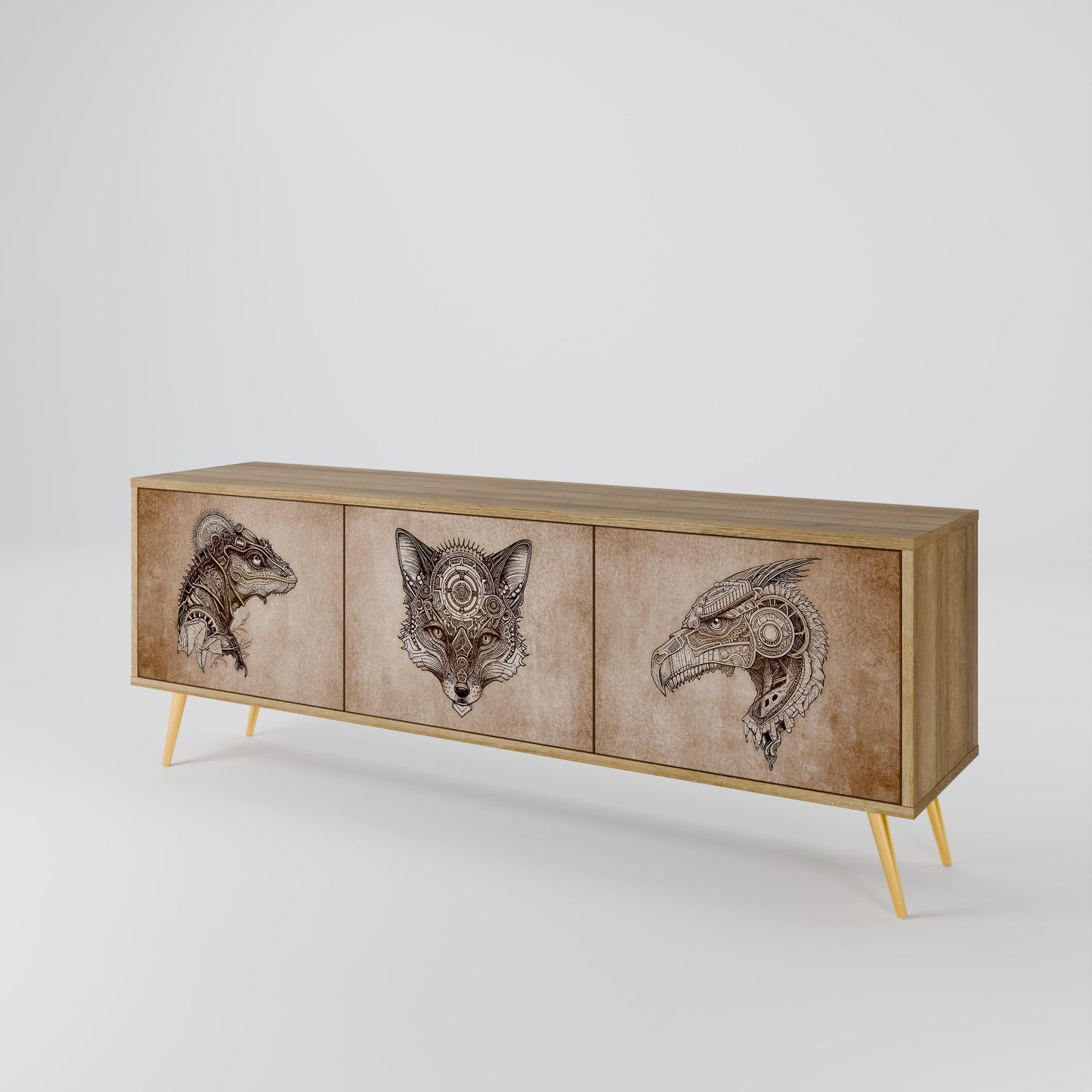 STEAMPUNK CLAN 3-Door TV Stand in Oak Effect