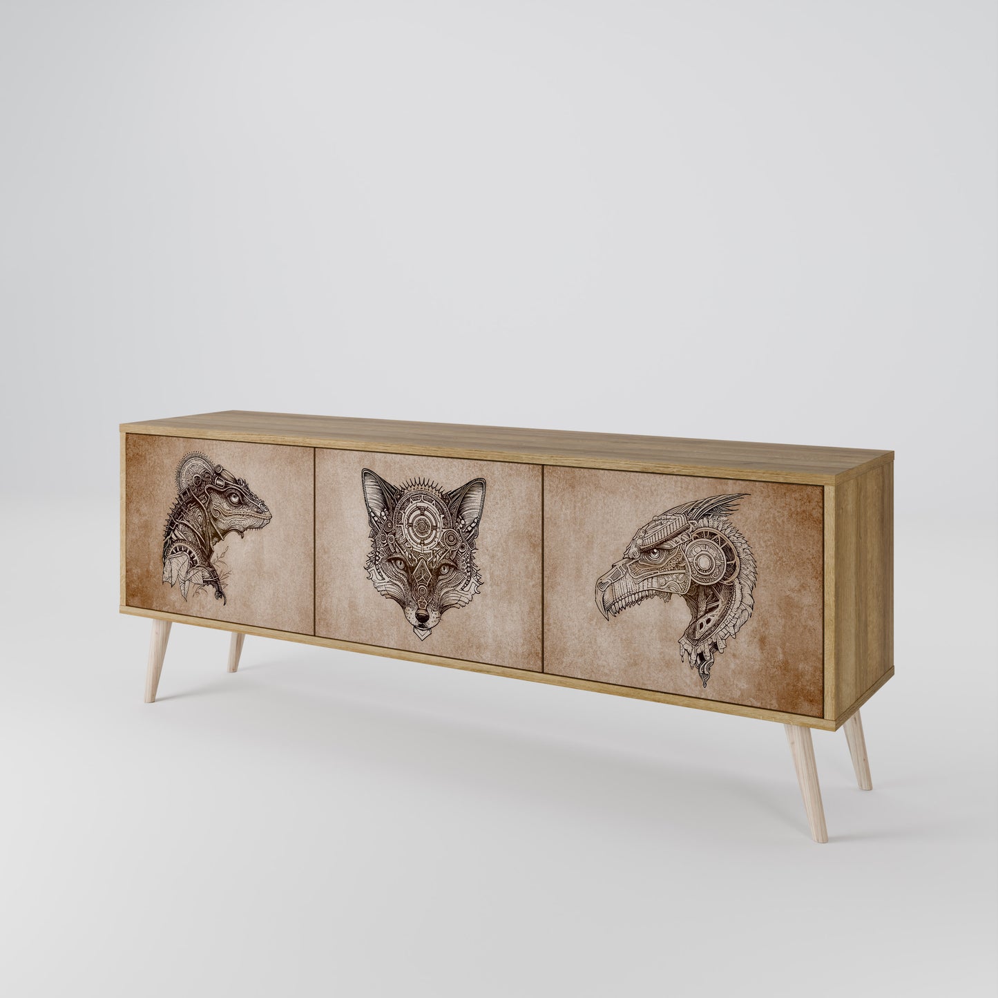 STEAMPUNK CLAN 3-Door TV Stand in Oak Effect