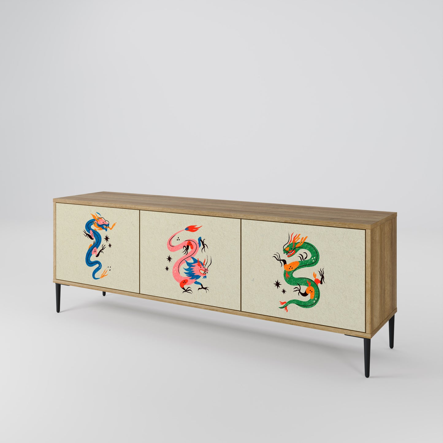 MYTHOLOGICAL CREATURES 3-Door TV Stand in Oak Effect