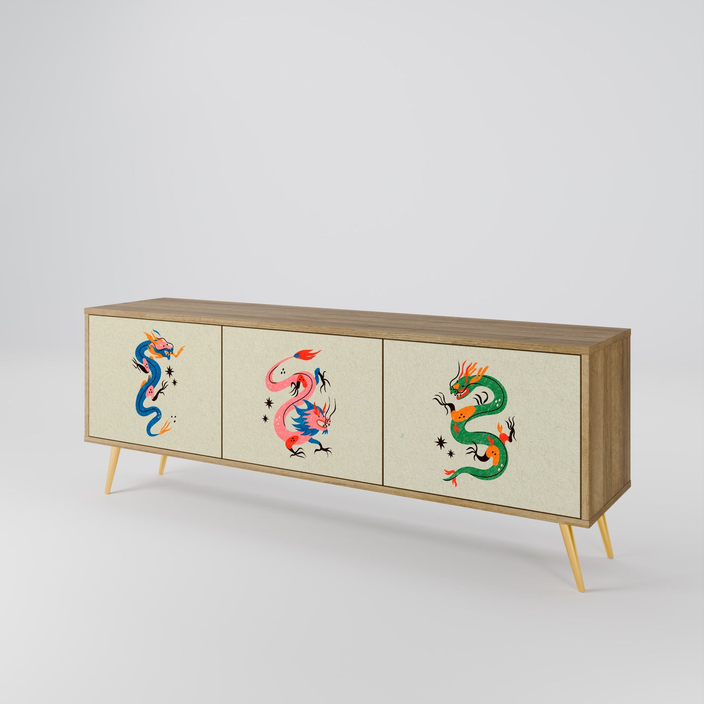 MYTHOLOGICAL CREATURES 3-Door TV Stand in Oak Effect
