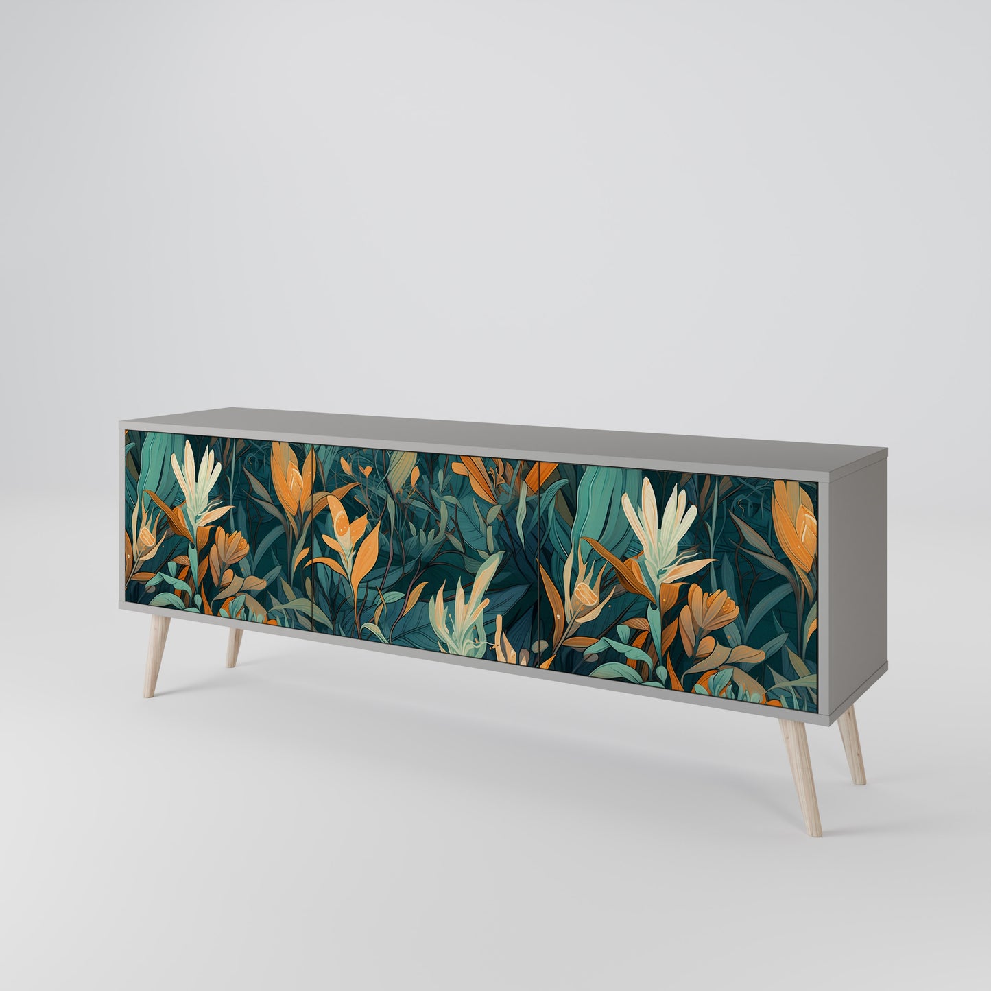 FLORAL SERENITY 3-dörrars TV-bänk i grå finish