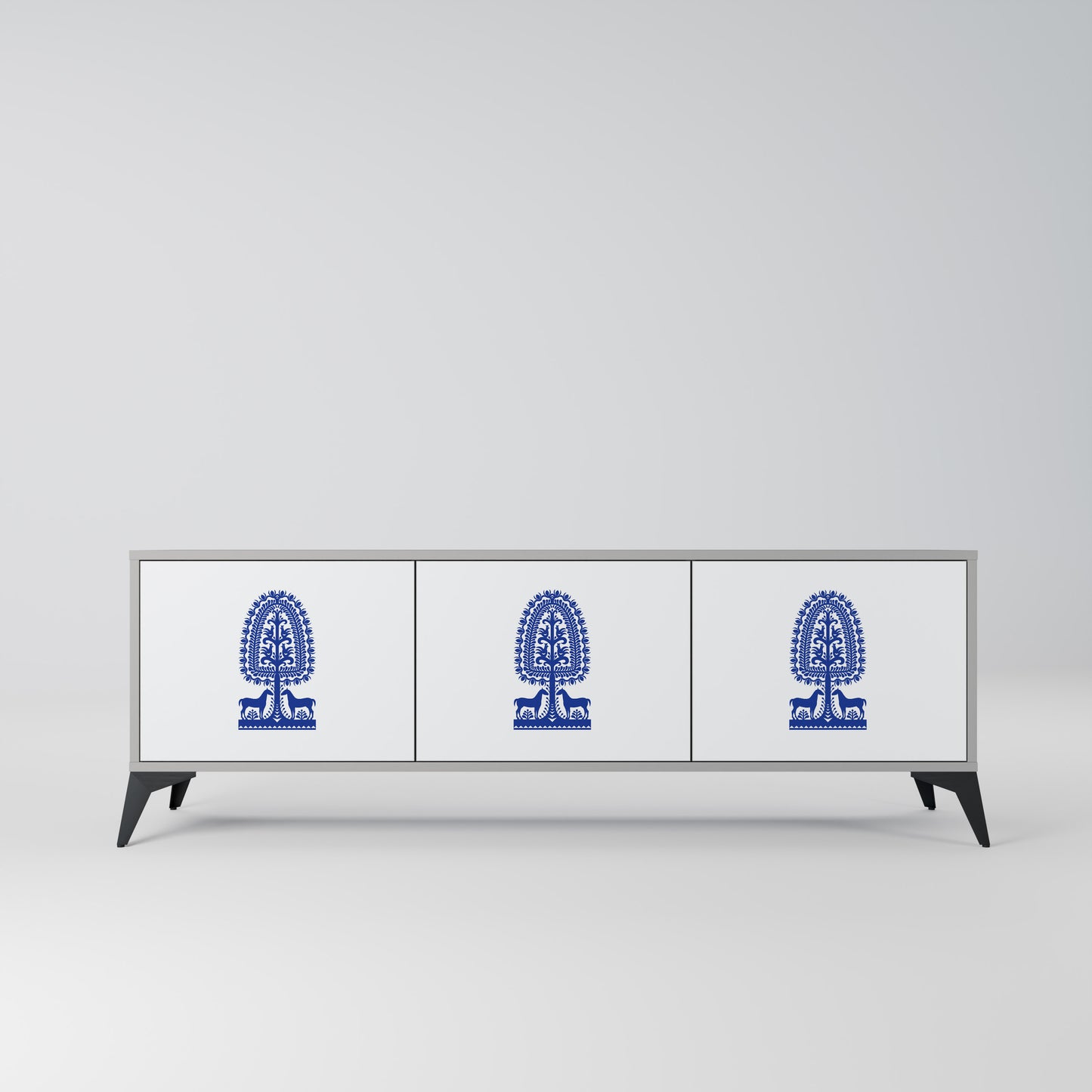 POLISH FOLK ART 3-dörrars TV-bänk i grå finish
