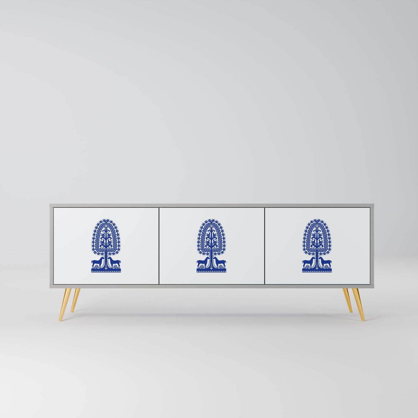 POLISH FOLK ART 3-dörrars TV-bänk i grå finish