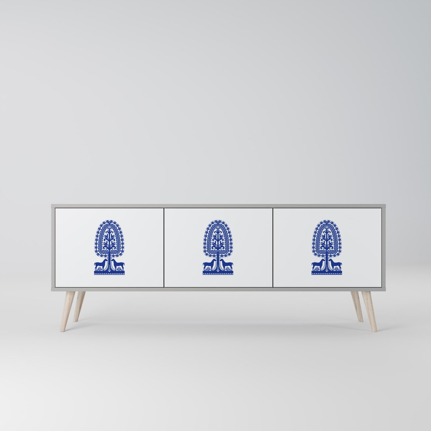 POLISH FOLK ART 3-dörrars TV-bänk i grå finish