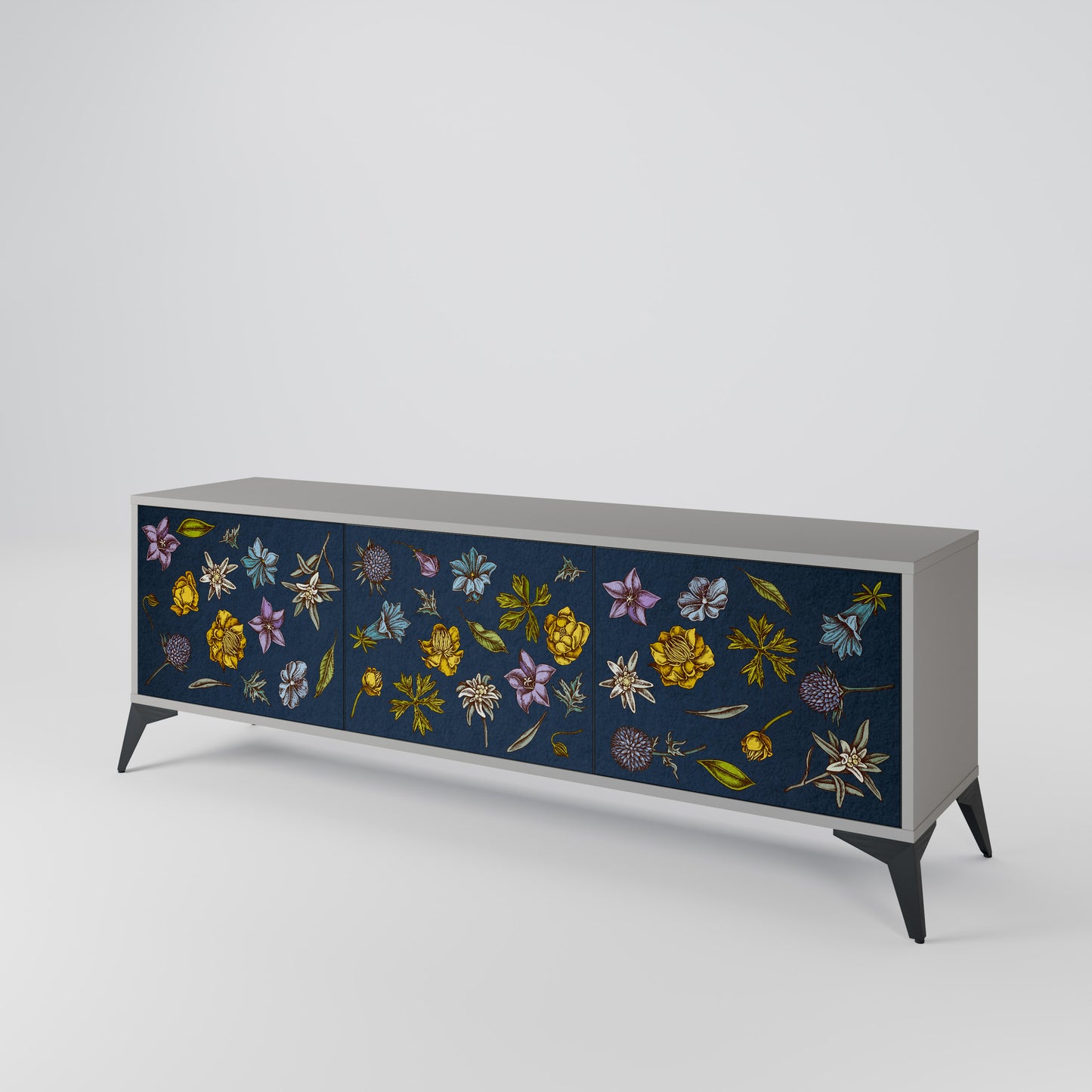BLOMMOR PÅ MARINBLÅT 3-dörrars TV-bänk i grå finish