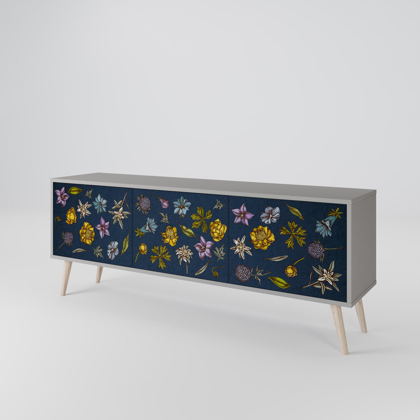 BLOMMOR PÅ MARINBLÅT 3-dörrars TV-bänk i grå finish