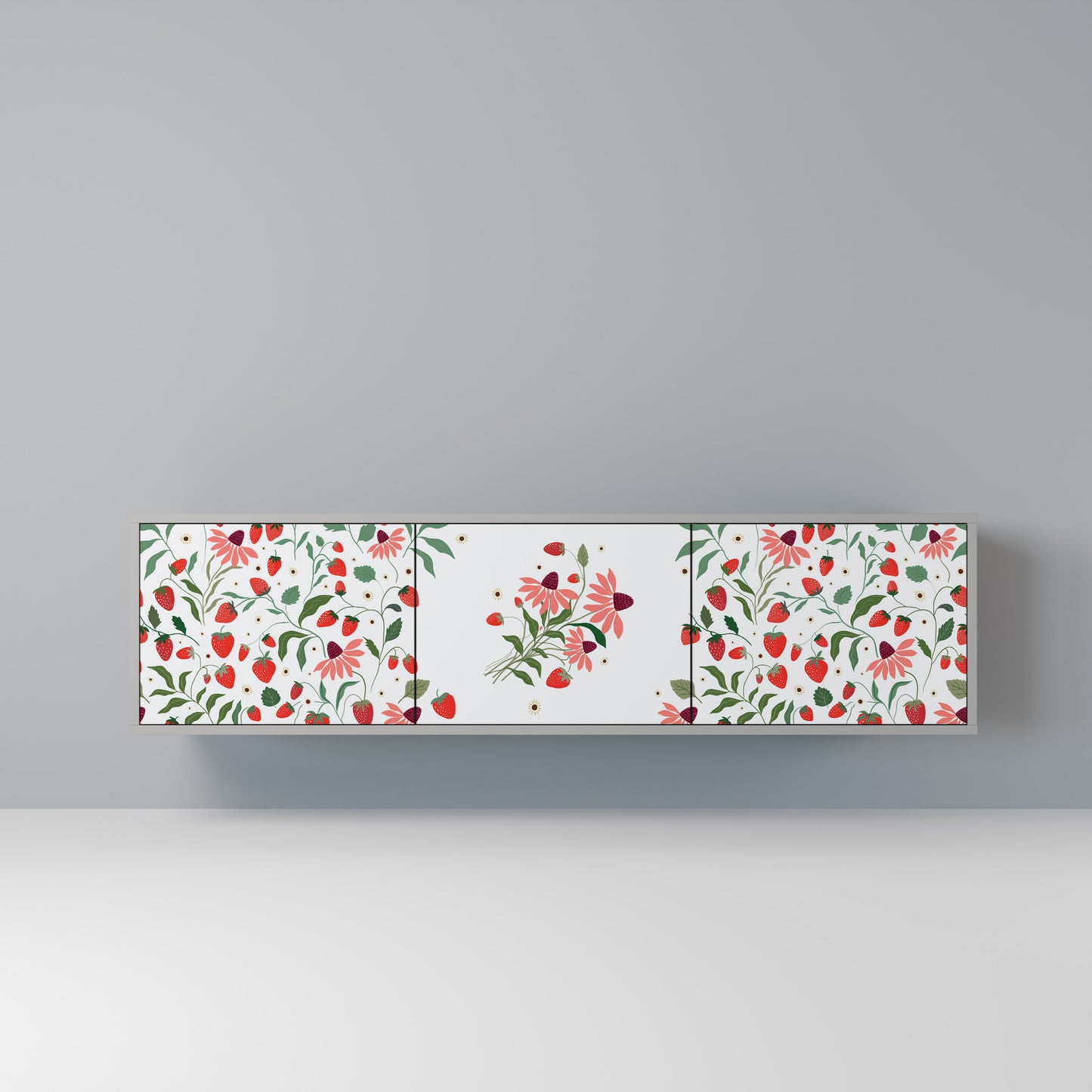 BLOMMOR OCH JORDGUBBAR 3-dörrars TV-bänk i grå finish