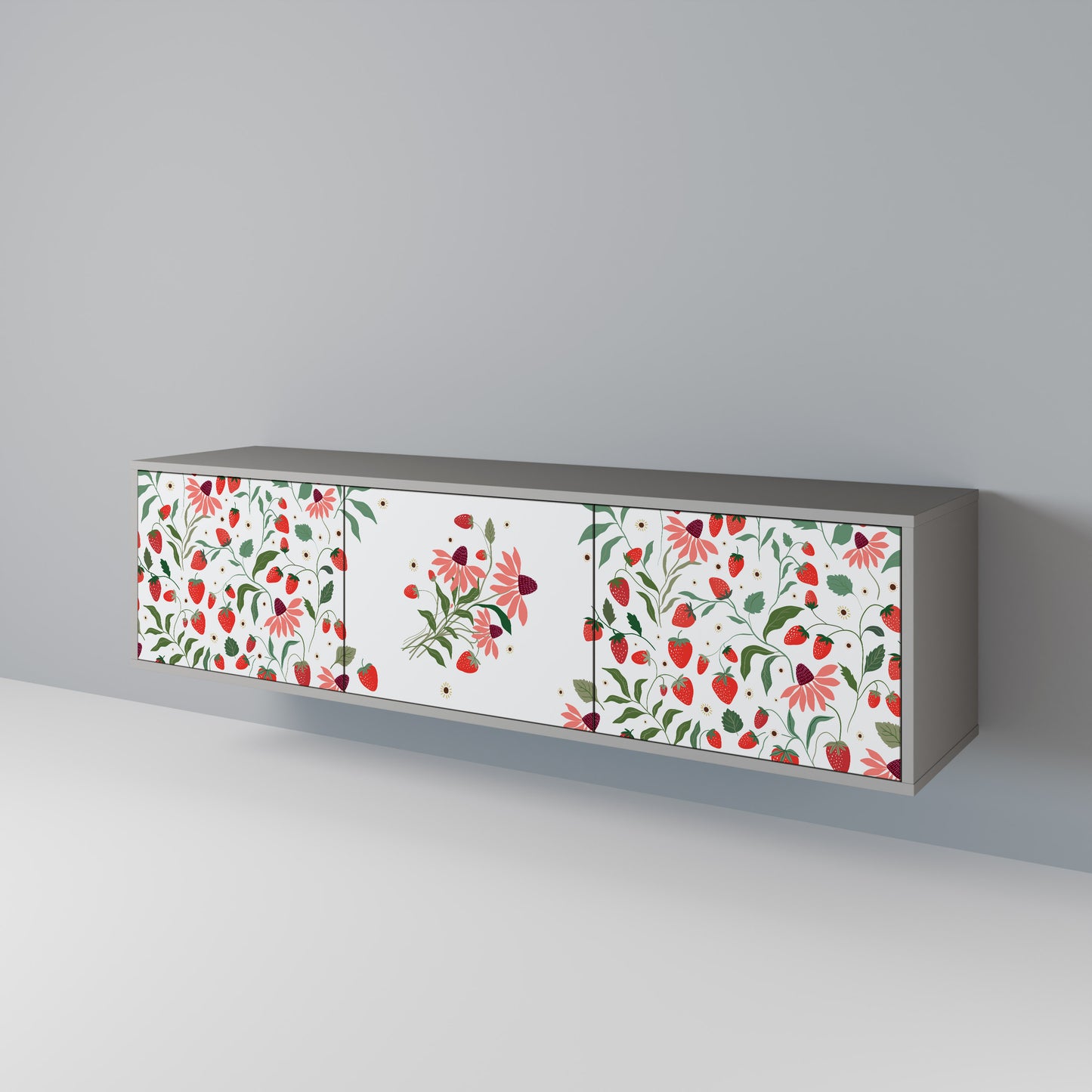 BLOMMOR OCH JORDGUBBAR 3-dörrars TV-bänk i grå finish