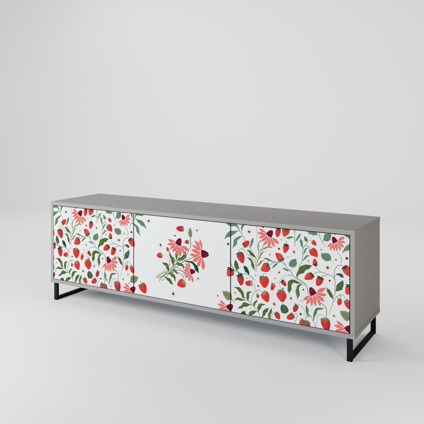 BLOMMOR OCH JORDGUBBAR 3-dörrars TV-bänk i grå finish