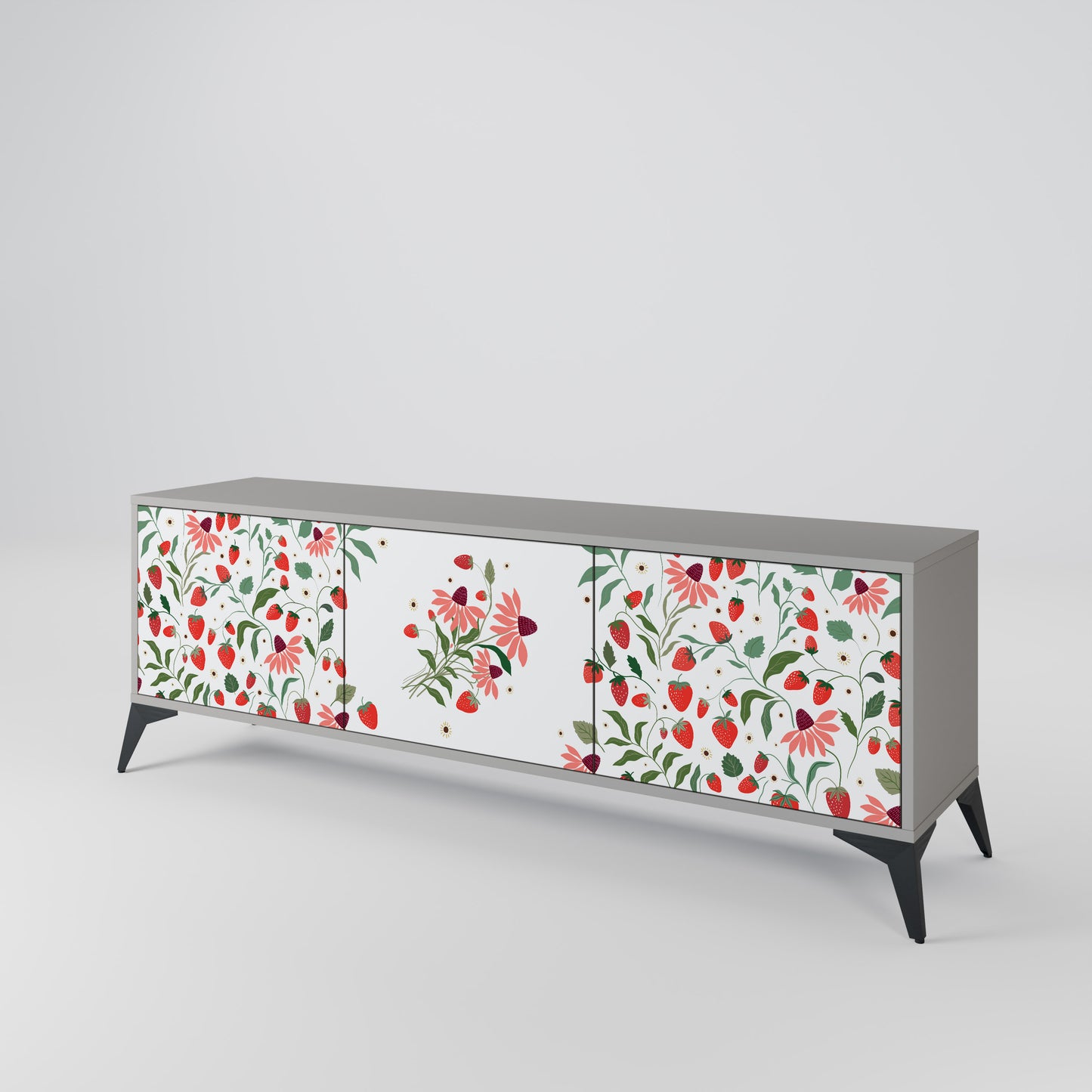 BLOMMOR OCH JORDGUBBAR 3-dörrars TV-bänk i grå finish