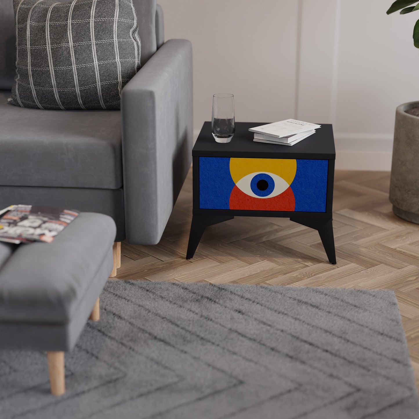 Nattduksbord med geometriska ögon i svart finish