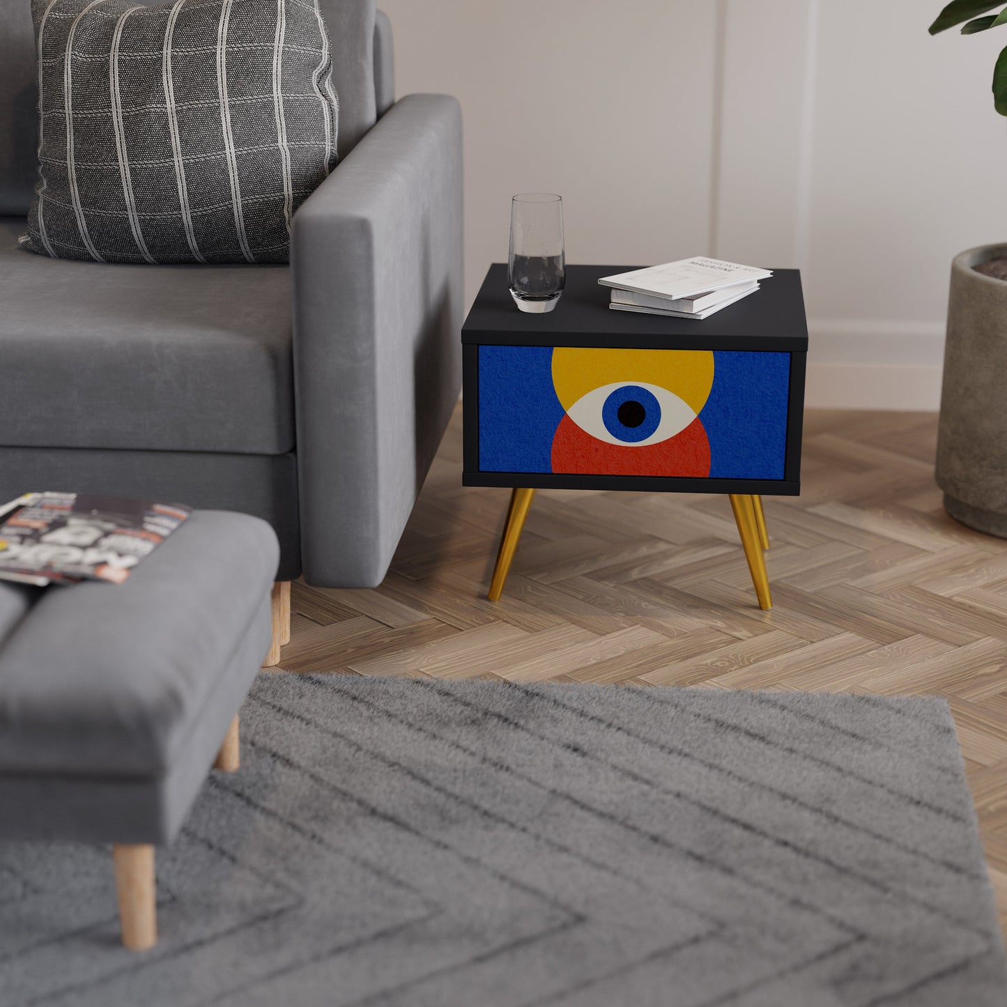 Nattduksbord med geometriska ögon i svart finish