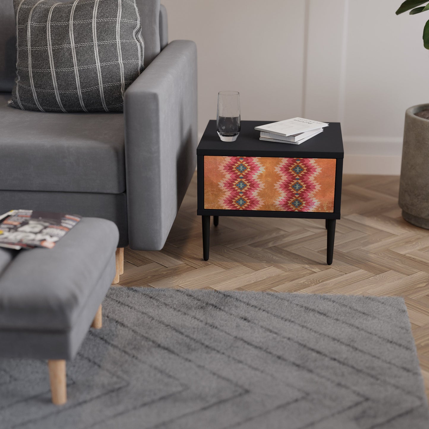 INDIAN FOLK Nightstand in Black Finish
