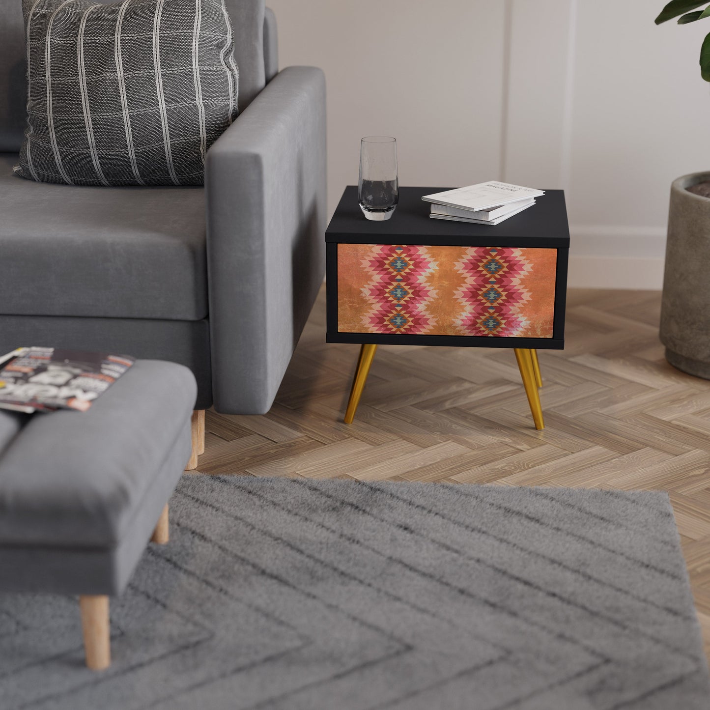 INDIAN FOLK Nightstand in Black Finish