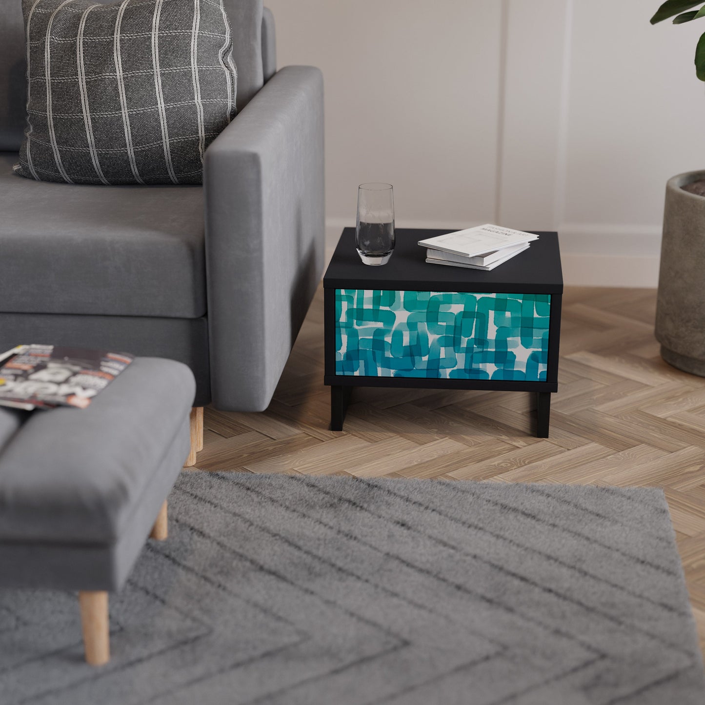TURQUOISE RECTANGLES Nightstand in Black Finish