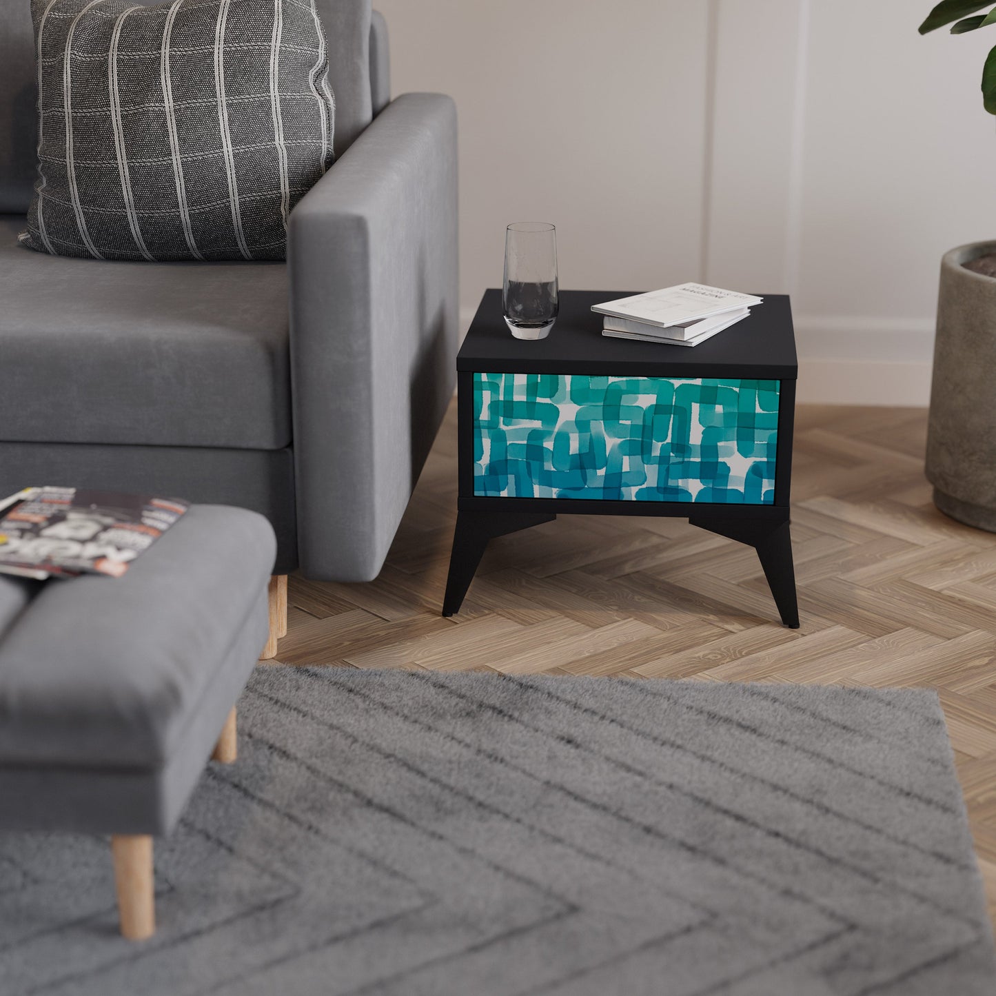 TURQUOISE RECTANGLES Nightstand in Black Finish