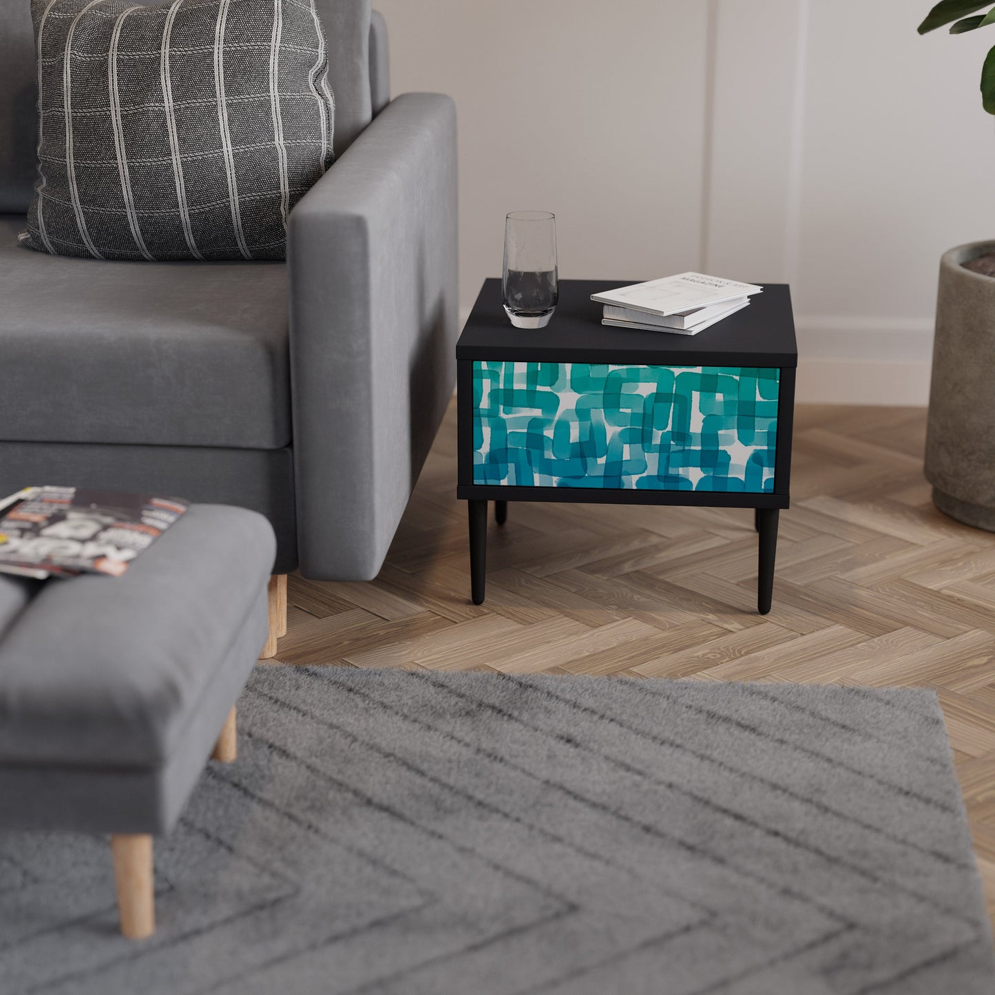 TURQUOISE RECTANGLES Nightstand in Black Finish