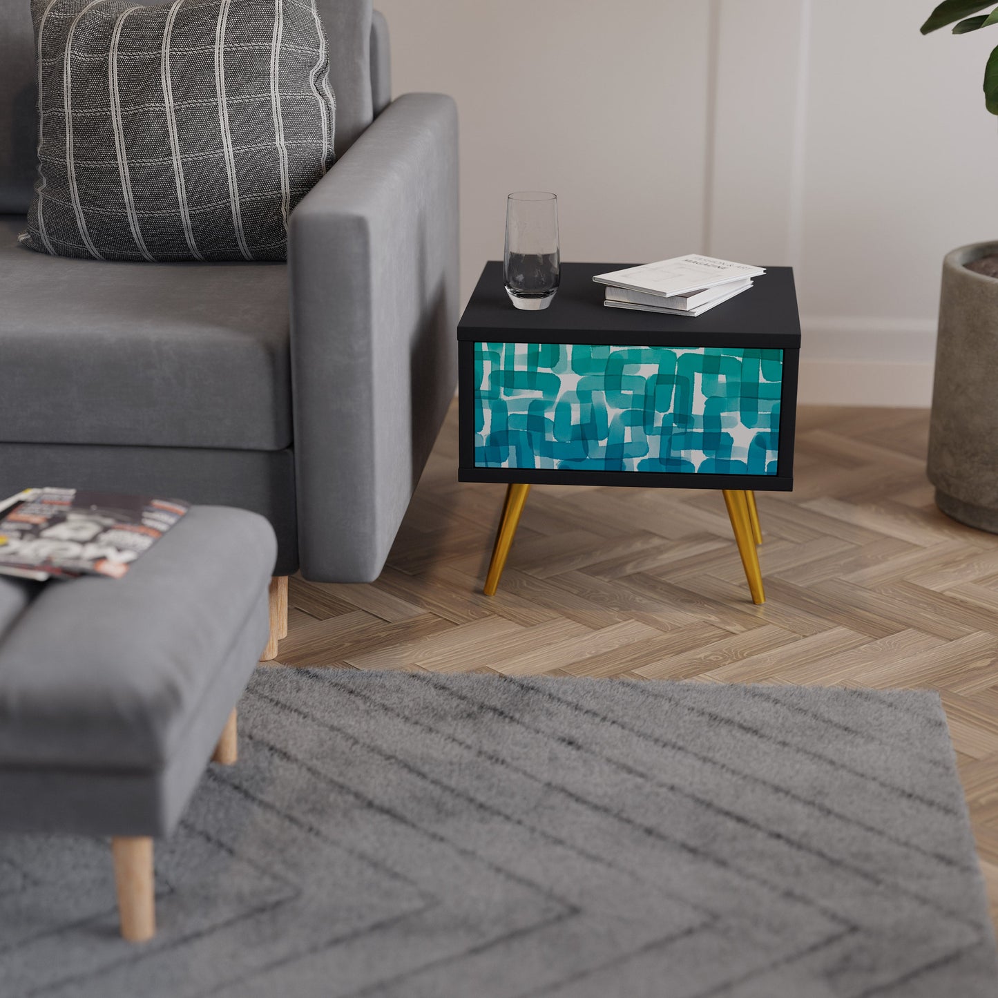 TURQUOISE RECTANGLES Nightstand in Black Finish