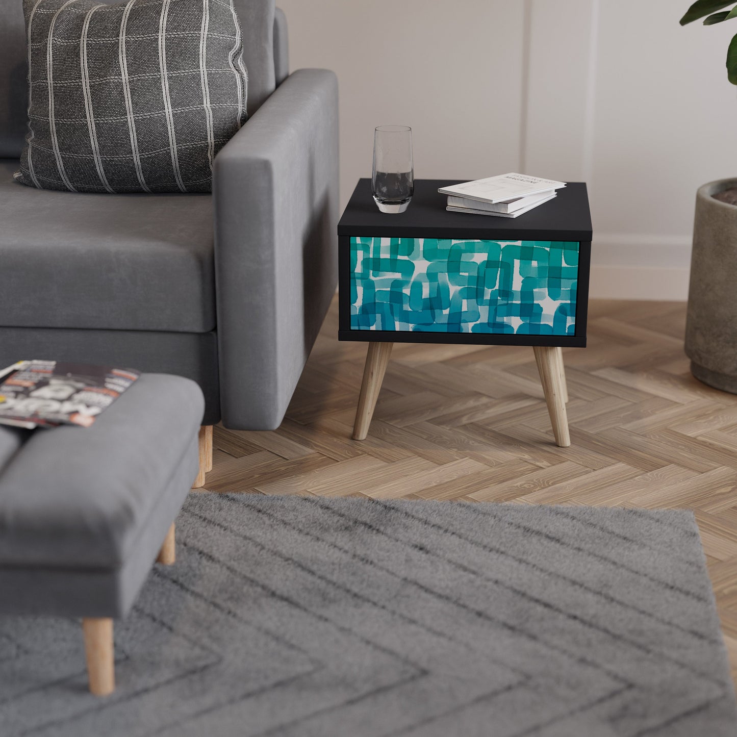 TURQUOISE RECTANGLES Nightstand in Black Finish