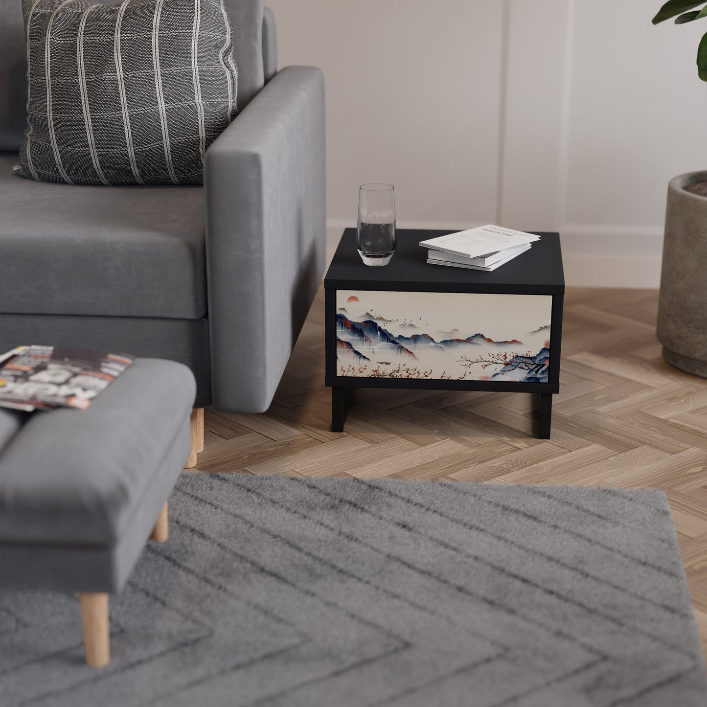 JAPANESE LANDSCAPE Nightstand in Black Finish