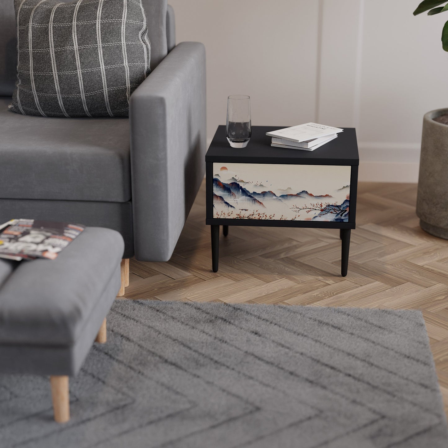 JAPANESE LANDSCAPE Nightstand in Black Finish