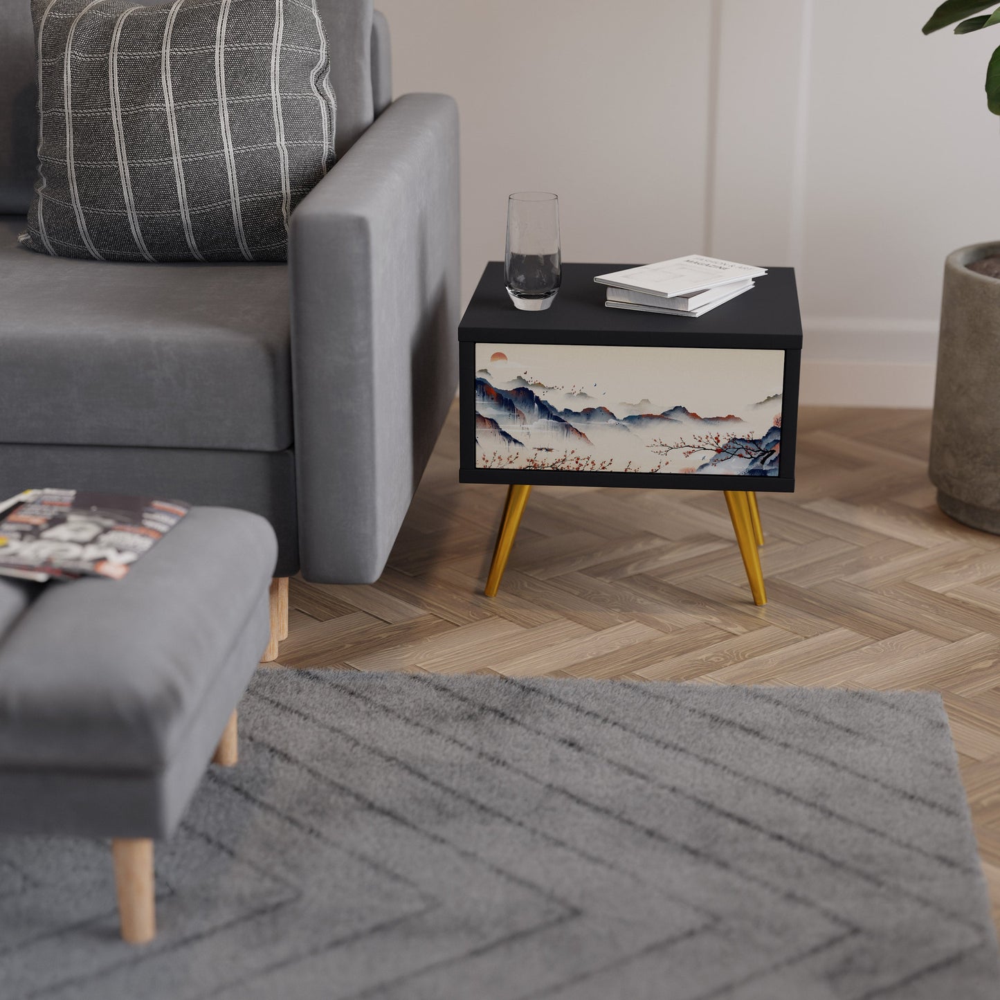 JAPANESE LANDSCAPE Nightstand in Black Finish