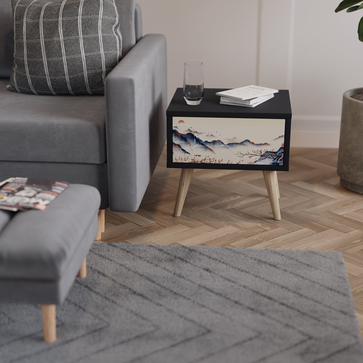 JAPANESE LANDSCAPE Nightstand in Black Finish