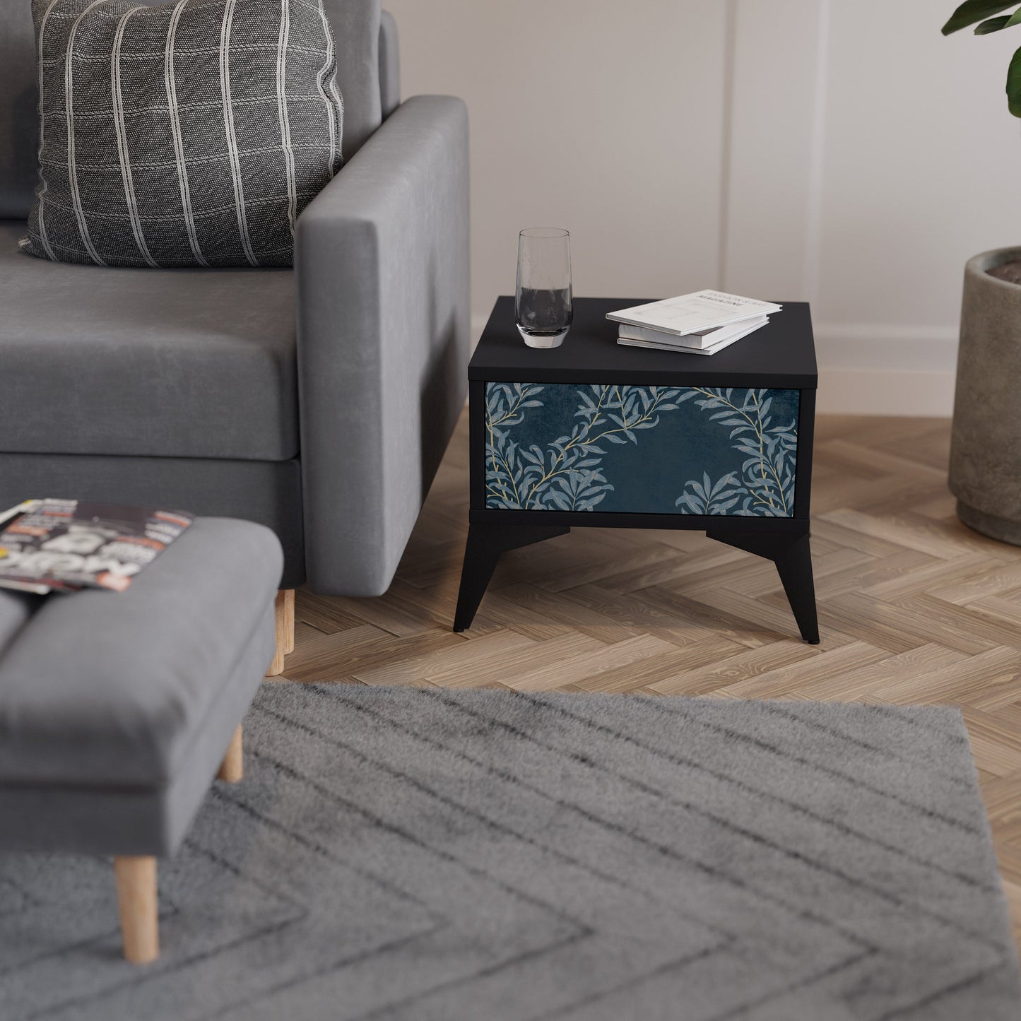 BLUE LEAVES Nightstand in Black Finish