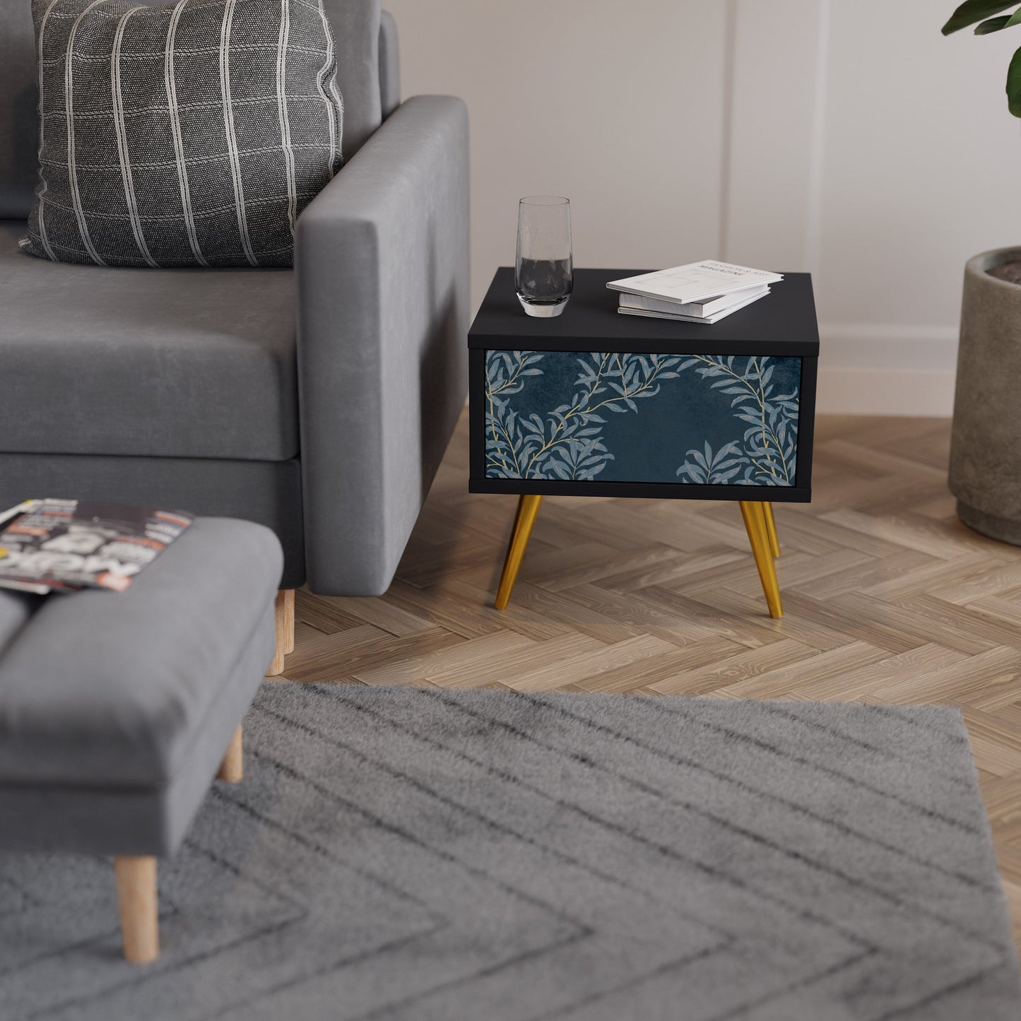 BLUE LEAVES Nightstand in Black Finish