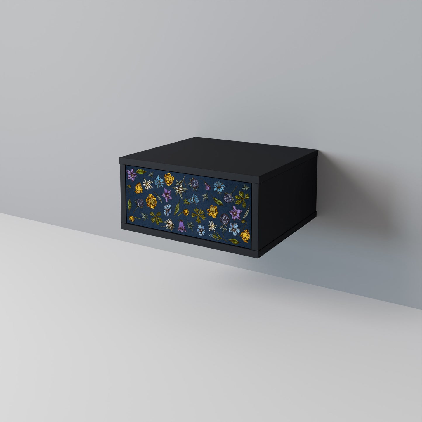 BLOMMOR PÅ MARINBLÅTT SJUKDAGSBORD i svart finish