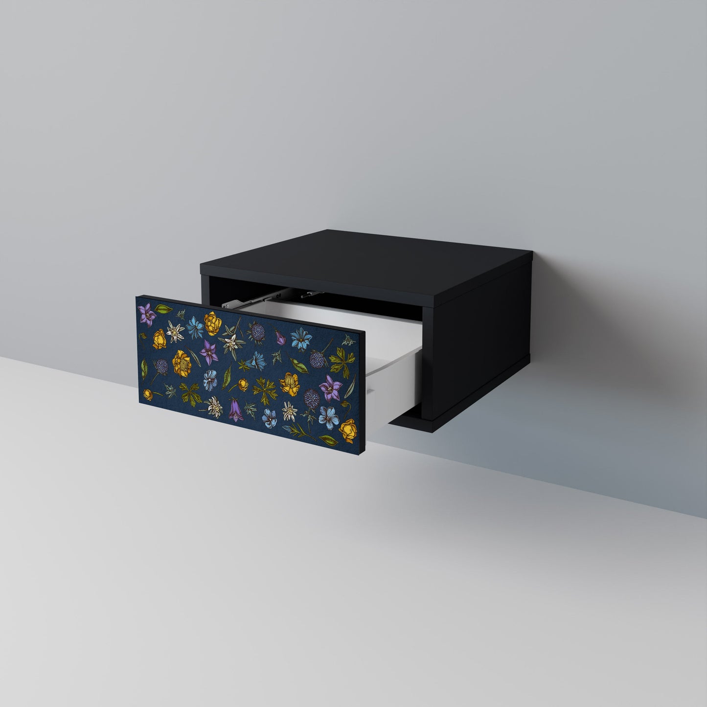 BLOMMOR PÅ MARINBLÅTT SJUKDAGSBORD i svart finish