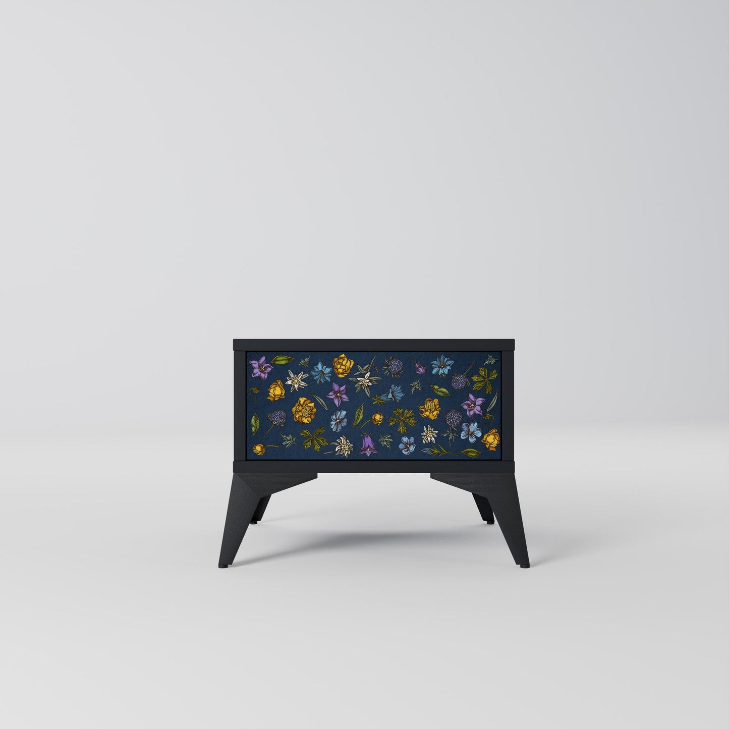 BLOMMOR PÅ MARINBLÅTT SJUKDAGSBORD i svart finish
