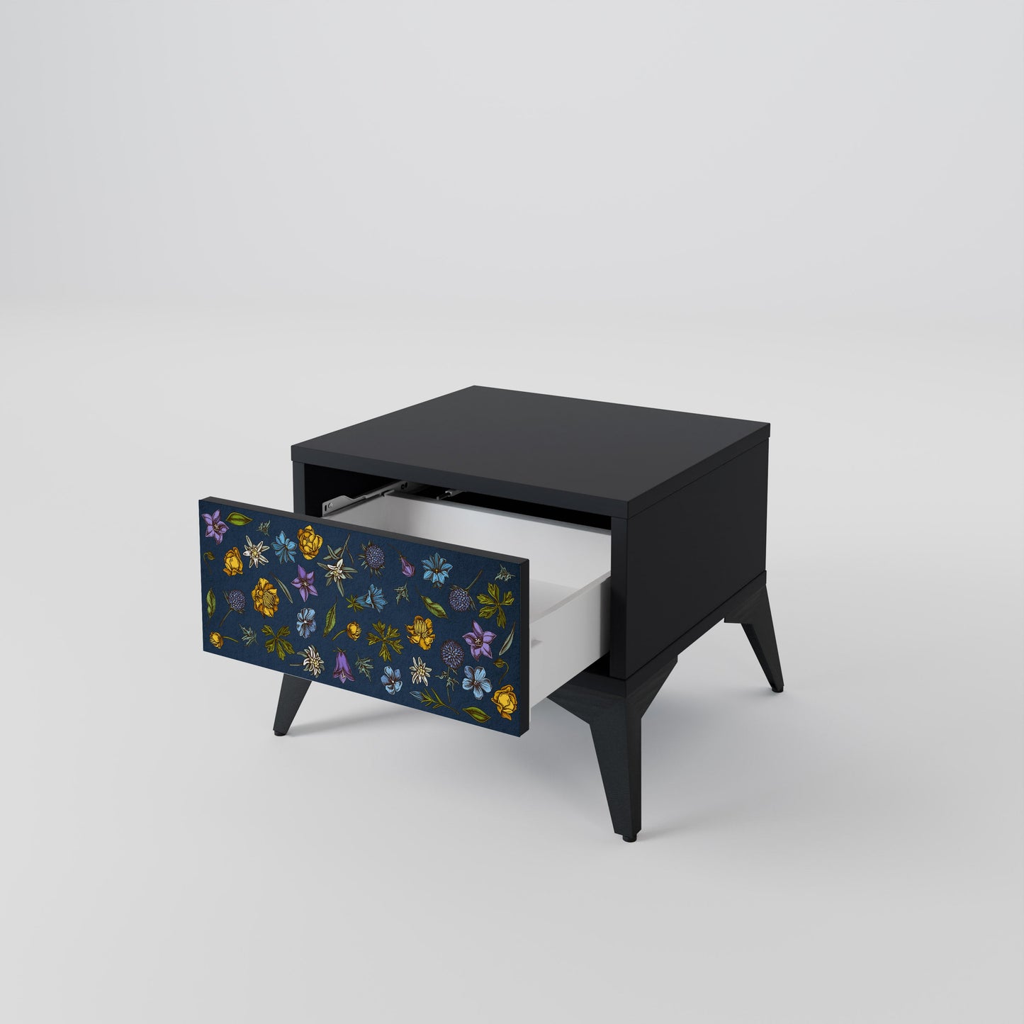 BLOMMOR PÅ MARINBLÅTT SJUKDAGSBORD i svart finish