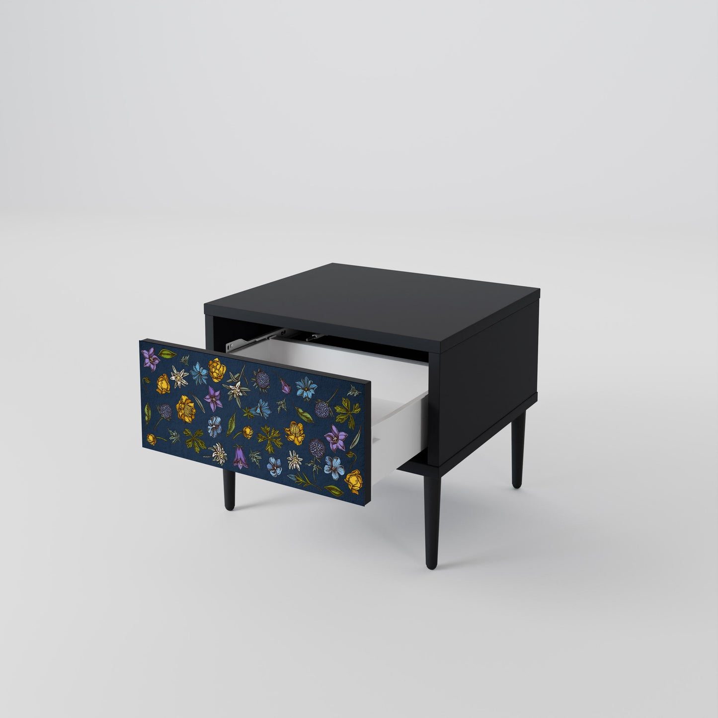 BLOMMOR PÅ MARINBLÅTT SJUKDAGSBORD i svart finish
