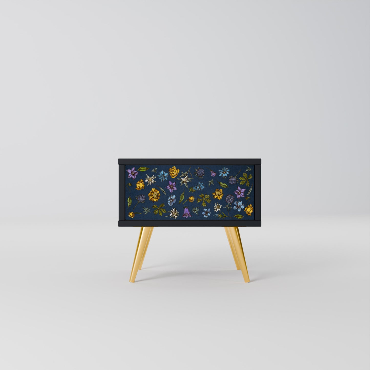 BLOMMOR PÅ MARINBLÅTT SJUKDAGSBORD i svart finish