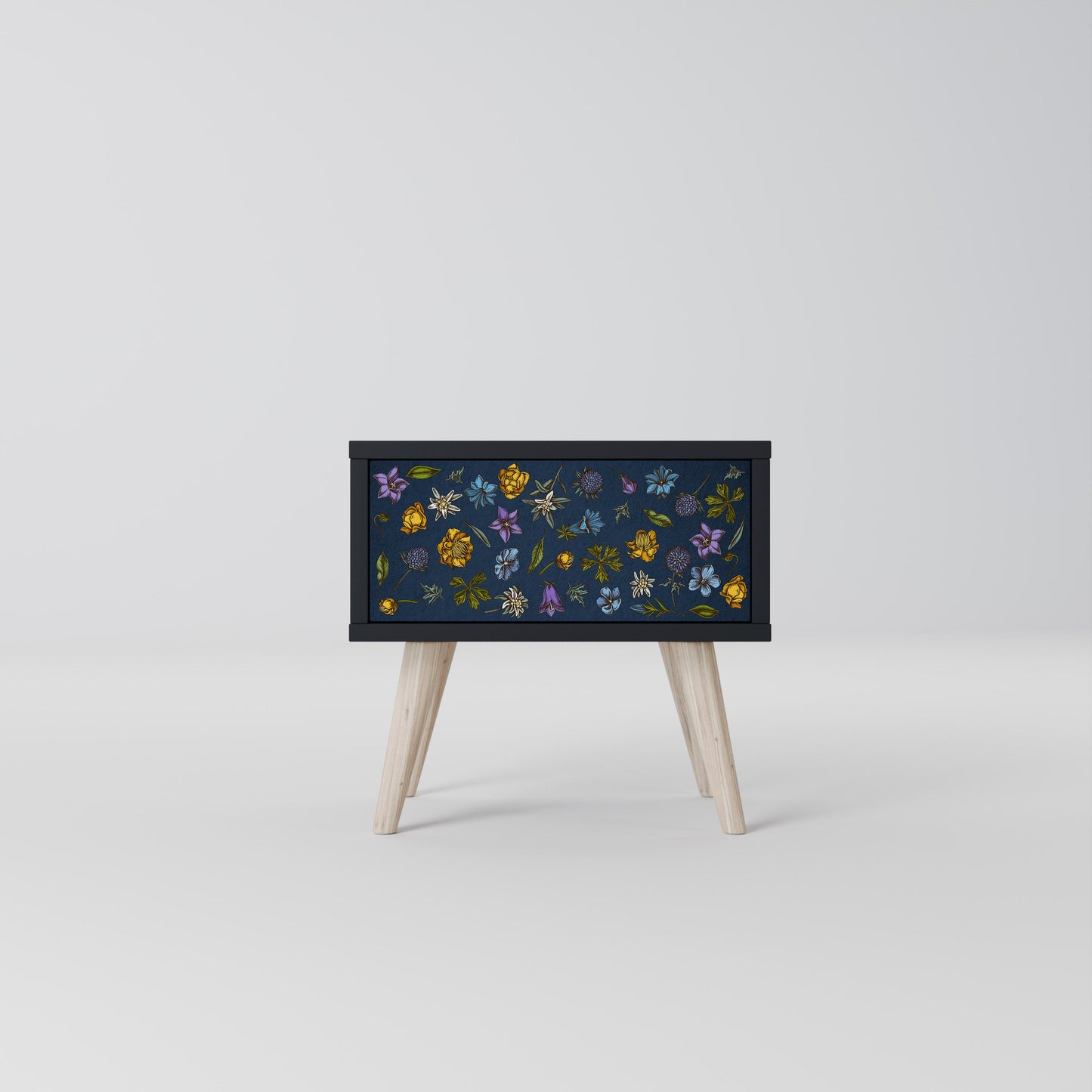 BLOMMOR PÅ MARINBLÅTT SJUKDAGSBORD i svart finish