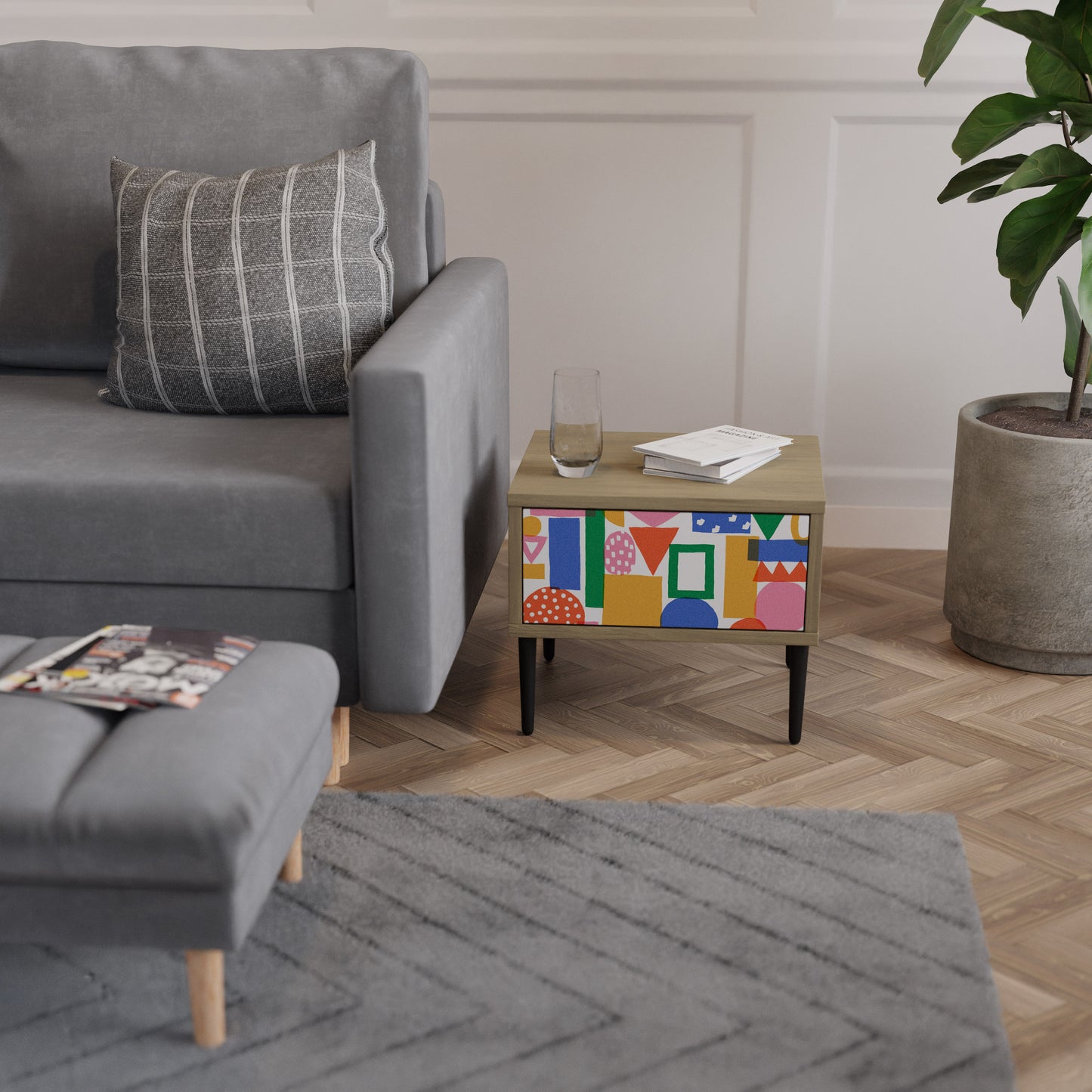 GEOMETRIC GLIMMER Nightstand in Oak Effect