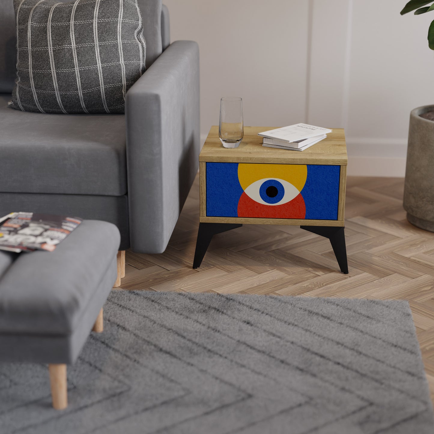 GEOMETRIC EYES Nightstand in Oak Effect