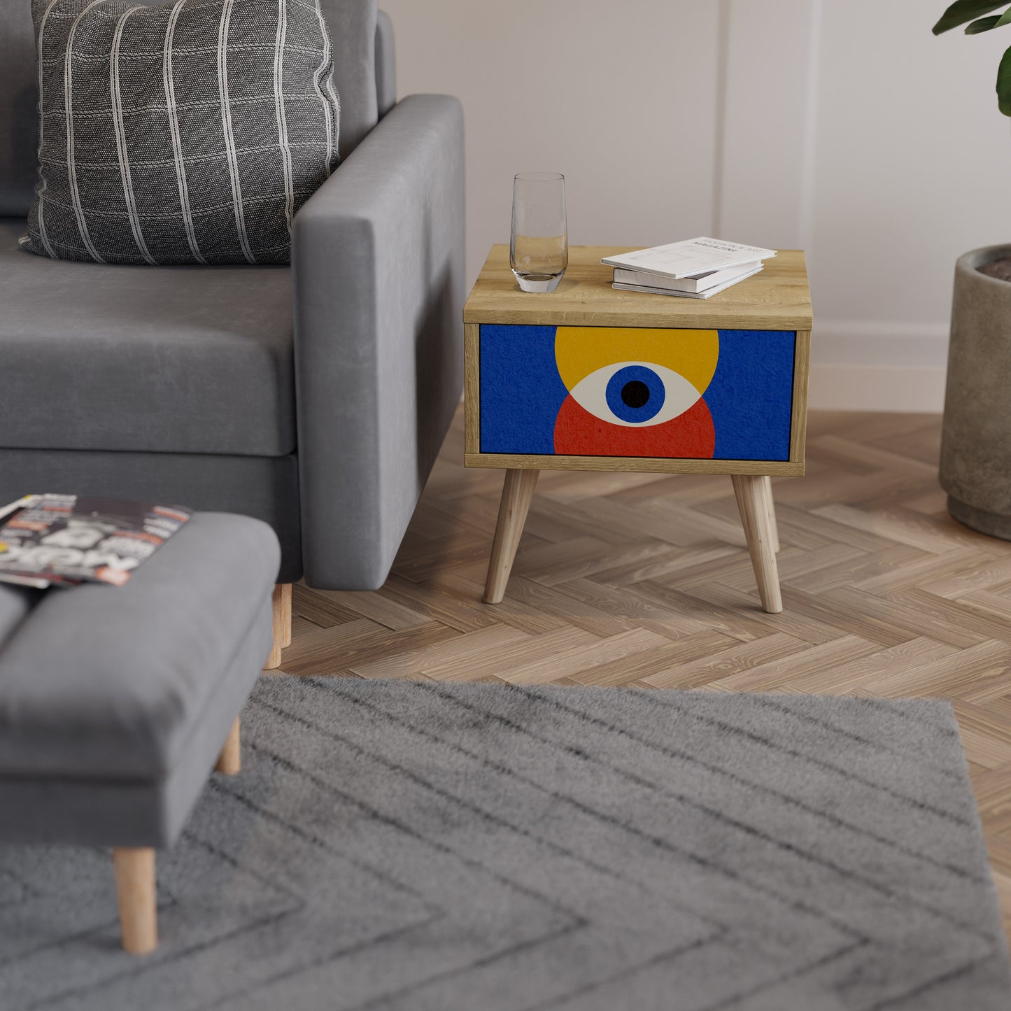 GEOMETRIC EYES Nightstand in Oak Effect