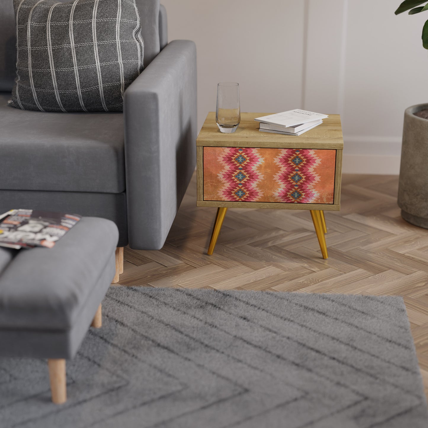 INDIAN FOLK Nightstand in Oak Effect