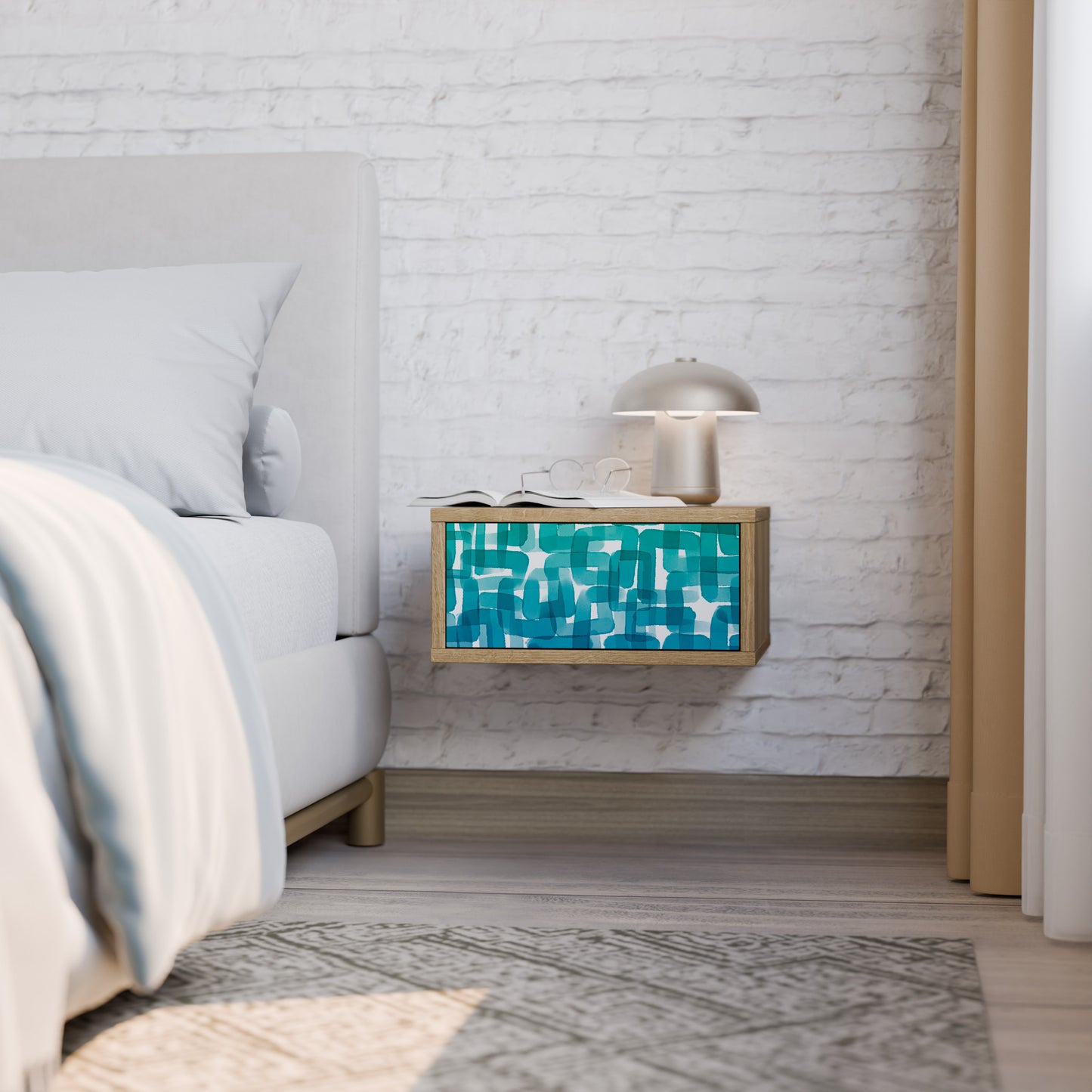 TURQUOISE RECTANGLES Nightstand in Oak Effect