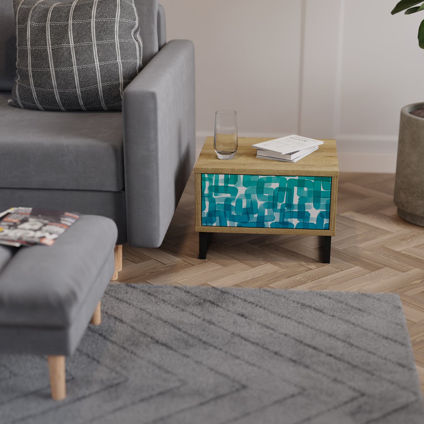 TURQUOISE RECTANGLES Nightstand in Oak Effect