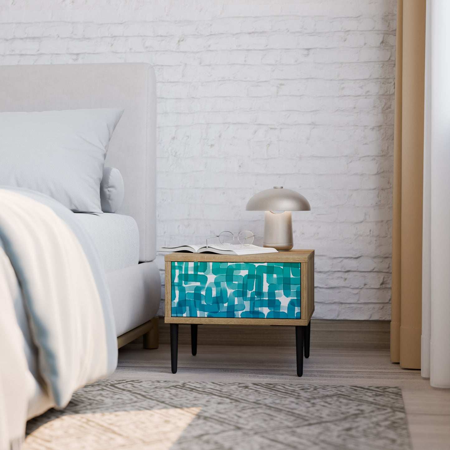 TURQUOISE RECTANGLES Nightstand in Oak Effect