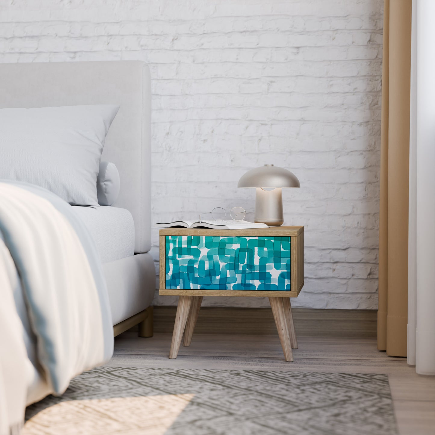 TURQUOISE RECTANGLES Nightstand in Oak Effect