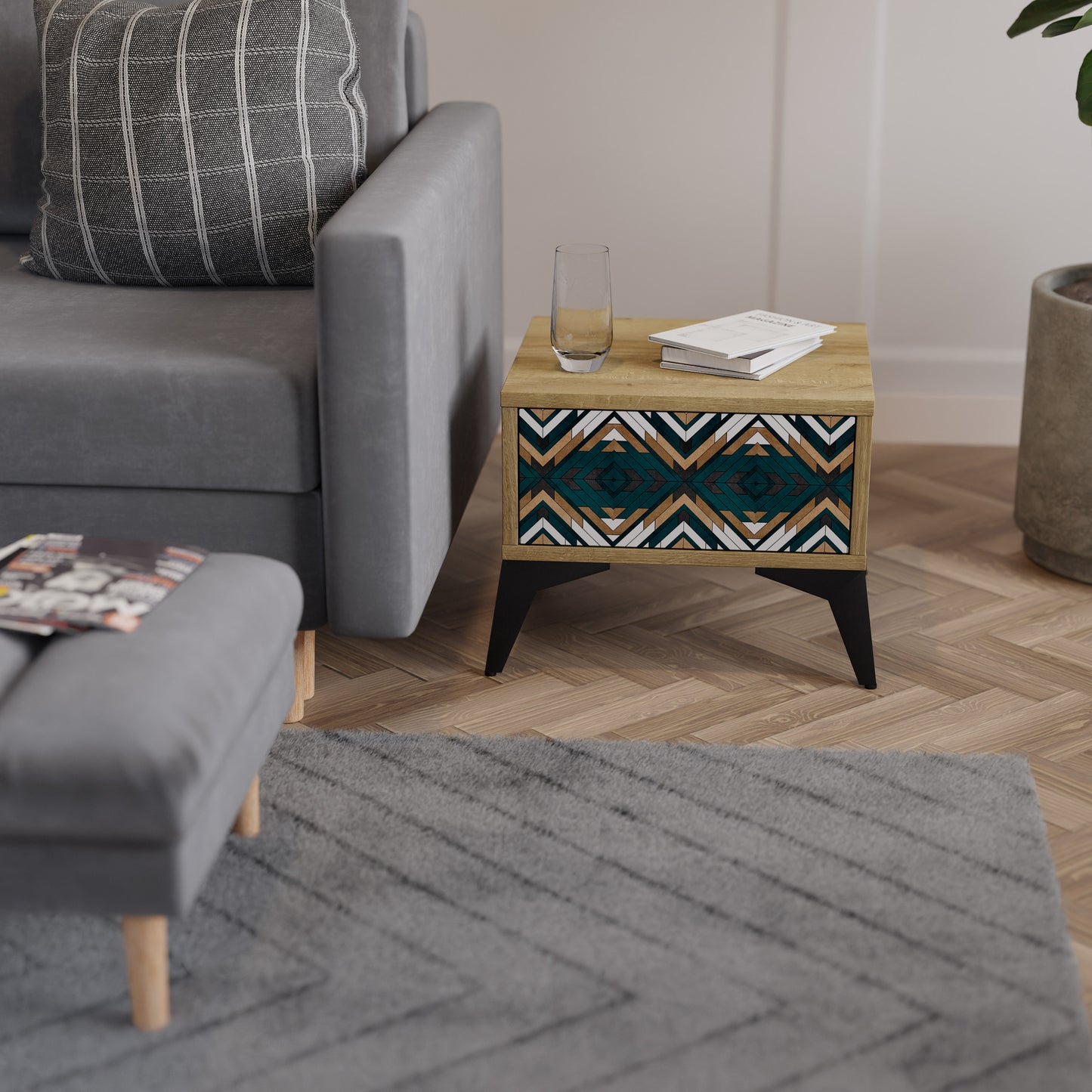 KONSTNÄRLIG GEOMETRI Nattduksbord i ekeffekt
