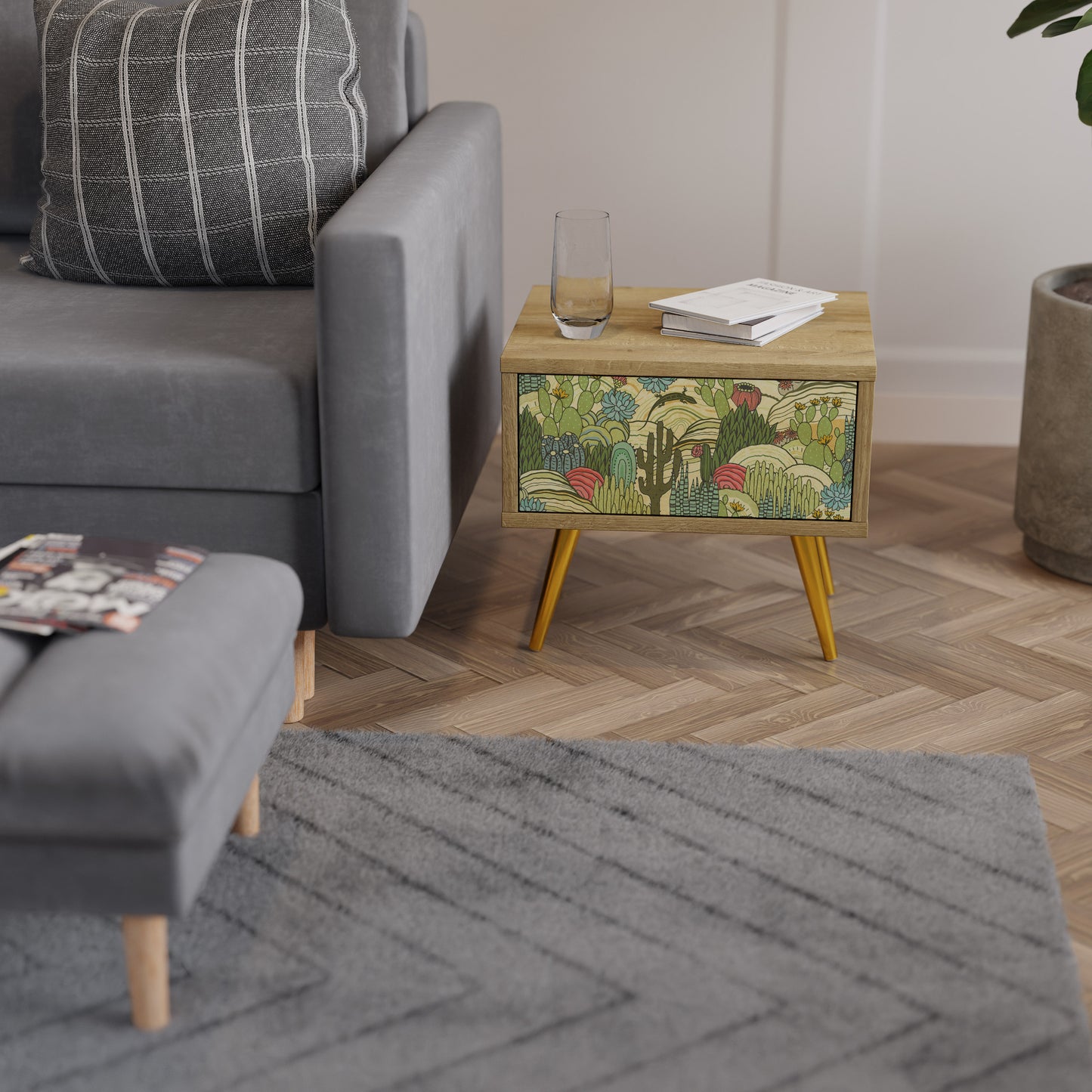 SUCCULENTS KALEIDOSCOPE Nightstand in Oak Effect