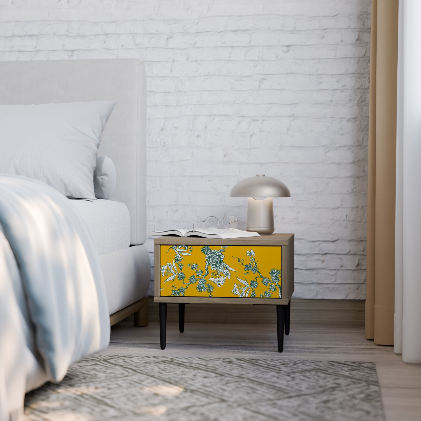 YELLOW CHINOISERIE Nightstand in Oak Effect