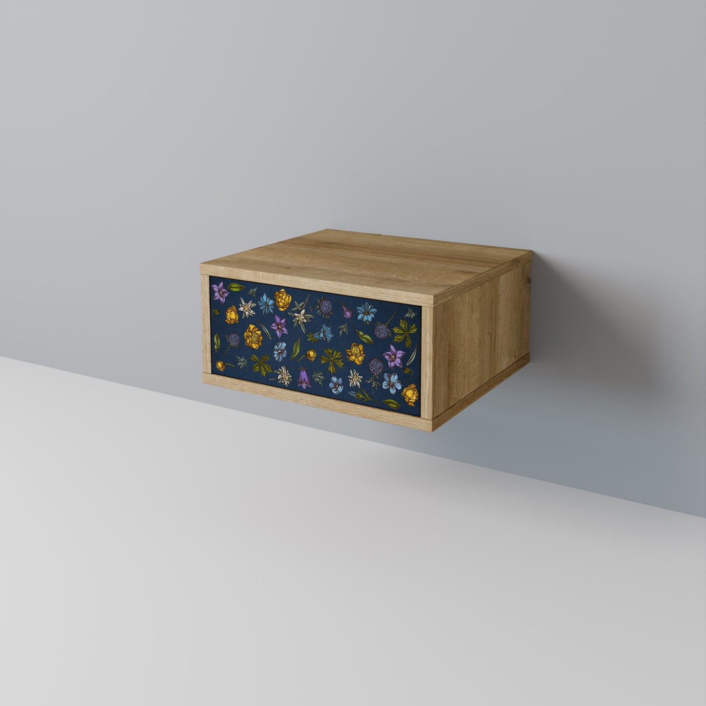 BLOMMOR PÅ MARINBLÅT Nattduksbord i Oak Effect