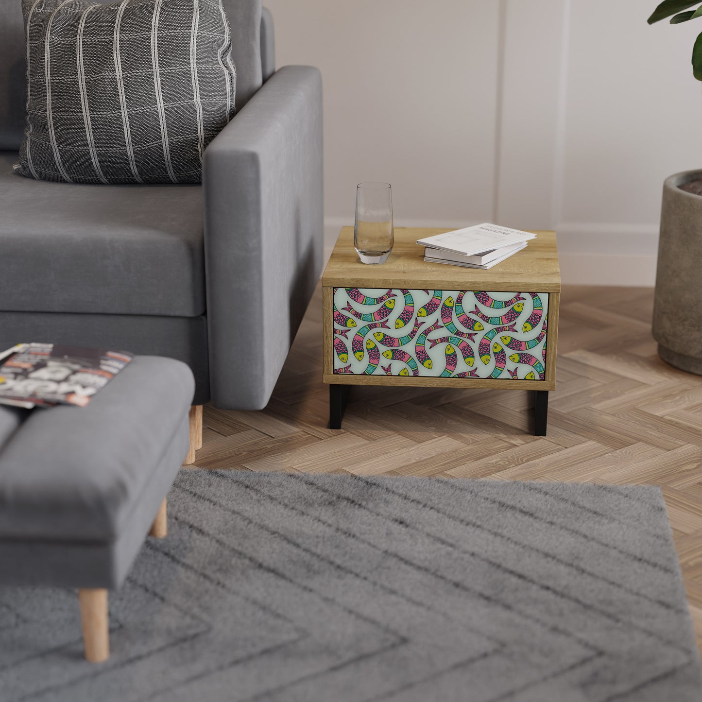 INDIAN FISH Nightstand in Oak Effect
