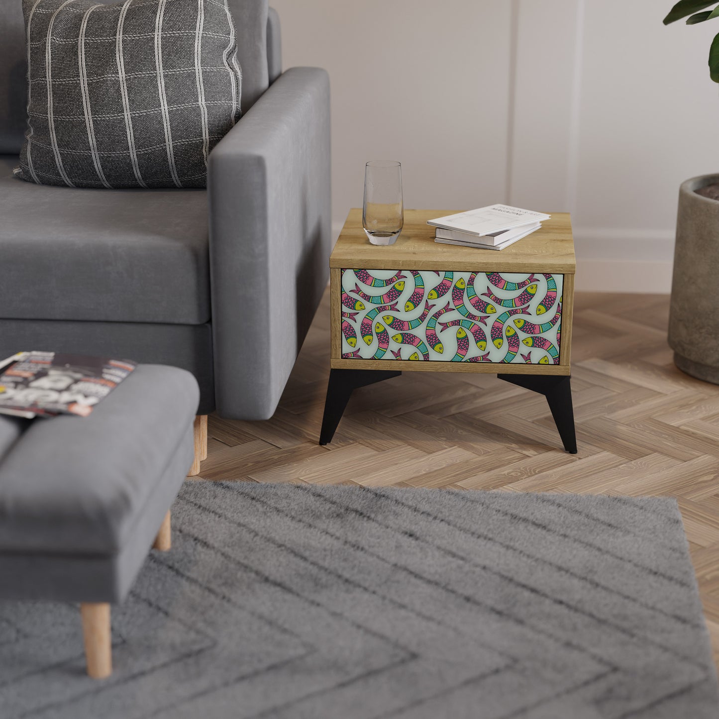 INDIAN FISH Nightstand in Oak Effect
